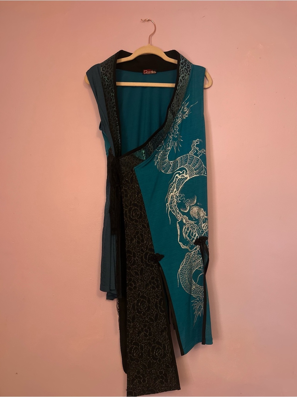 Teal Dragon Print Sleeveless Wrap Top